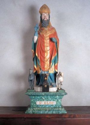 Statue saint Eloi ; église paroissiale Saint-Pierre-aux-Liens ; Baye, Finistère, Bretagne. Photographie de Xavier Scheinkmann