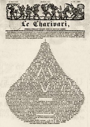 Le Charivari, couverture du 27 février 1834<br /> Texte formant une poire qui condamne, au nom du Roi, le Charivari, pour représentation irrévérencieuse de Louis-Philippe déjà en forme de poire.<br />
