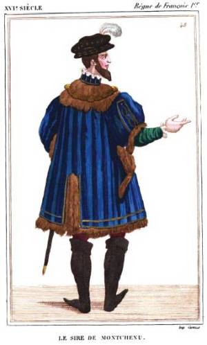 Figure représentant Marin de Montchenu<br /> Costumes historiques de la France, tome IV.<br /> "Figure extraite d’une miniature qui représente François Ier entouré de sa cour (Gaignières, portef. VIII, 5 et 8)."<br /> "La partie principale de ce costume est un surtout bleu-outre-mer, frangé de fourrure rouge-brun, et orné d’un collet de fourrure de même couleur.<br /> Le vêtement de dessous est vert ; les bottes<br /> sont noires, ainsi que la toque."