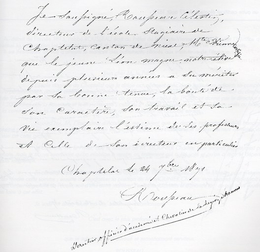 Un certificat de la main de l’abbé Rousseau, in Le Curé de Chaptelat et son oeuvre pédagogique, 1993, page 9