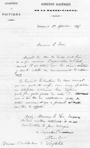 Lettre de l’Inspection Académique à l’abbé Rousseau, 1875, in Le Curé de Chaptelat et son oeuvre pédagogique, 1993, page 12