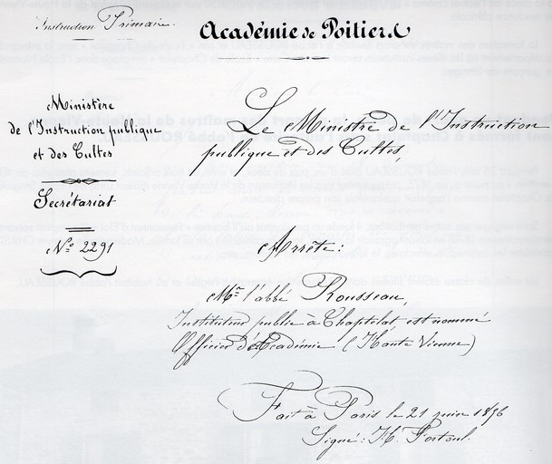 Abbé Rousseau est nommé Officier d’Académie en 1856, in Le Curé de Chaptelat et son oeuvre pédagogique, 1993, page 6